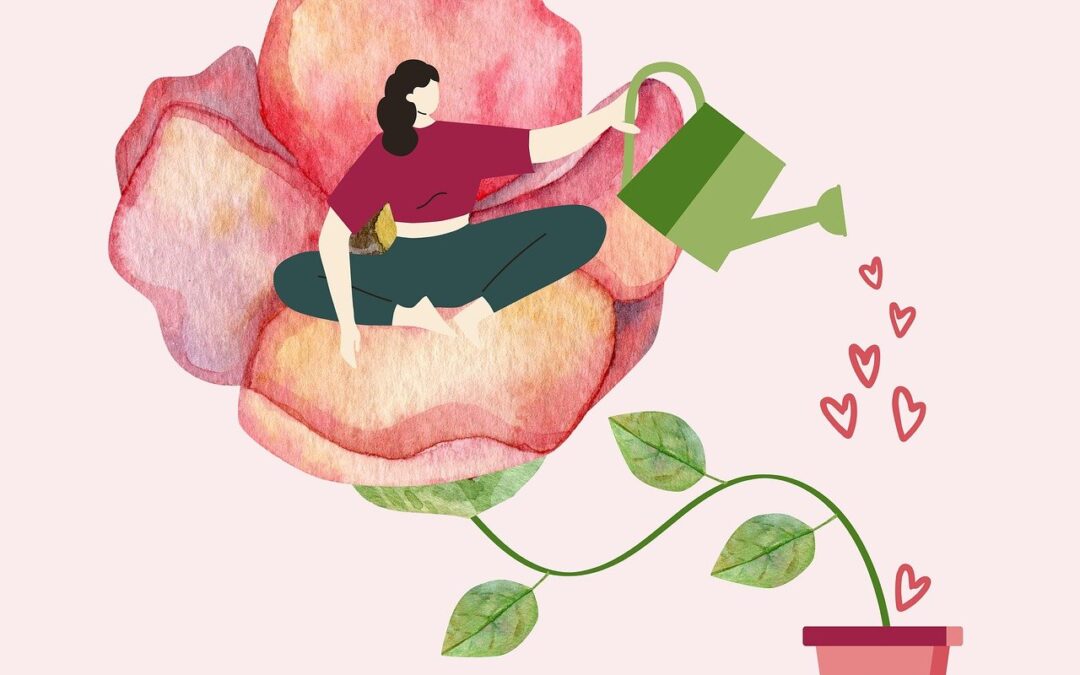 A painting of a women sitting in a flower coming out of a flower pot to denote self care for the article titled 'Self-Care After Narcissistic Abuse'